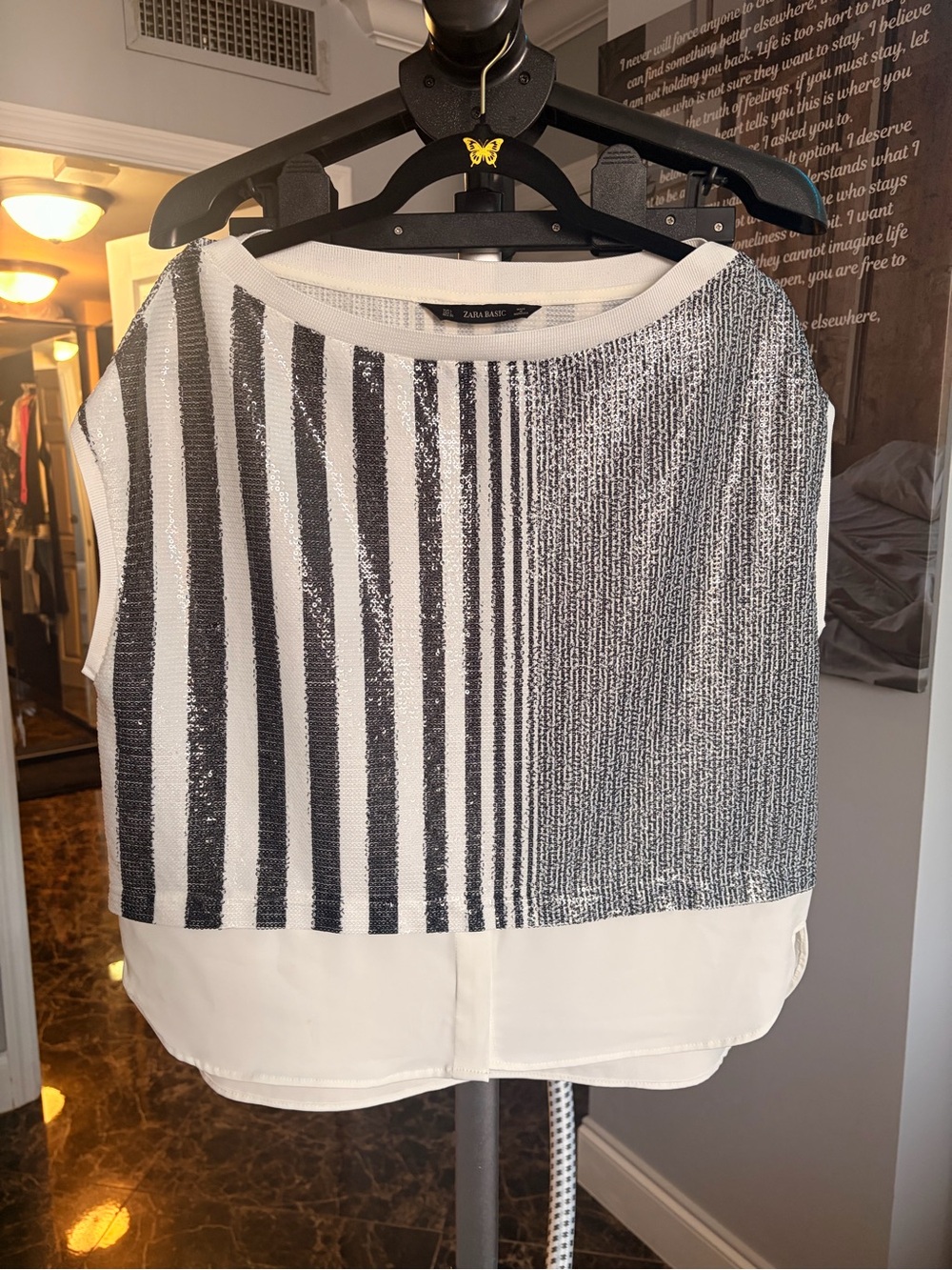 ZARA Black and White Striped Mixed-Knit Blouse